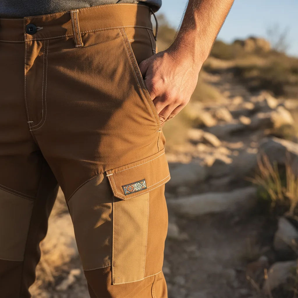 Close-up of cargo pocket with flap closure on Earth colorway Bowcho climbing pants