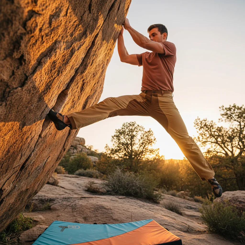 Climber mid-move showing diamond gusseted crotch stretch on Clay colorway Bowcho climbing pants