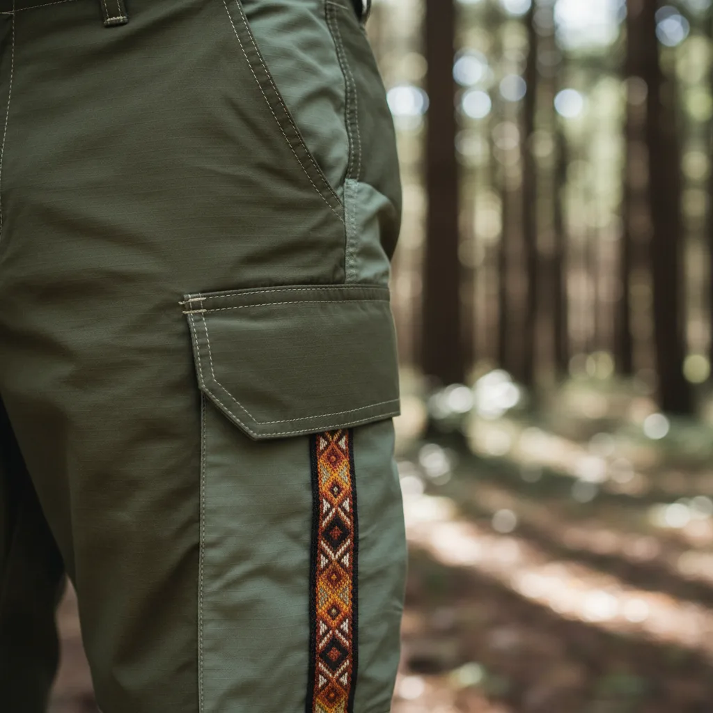 Close-up of woven artisan trim with geometric jacquard pattern on Forest colorway Bowcho climbing pants