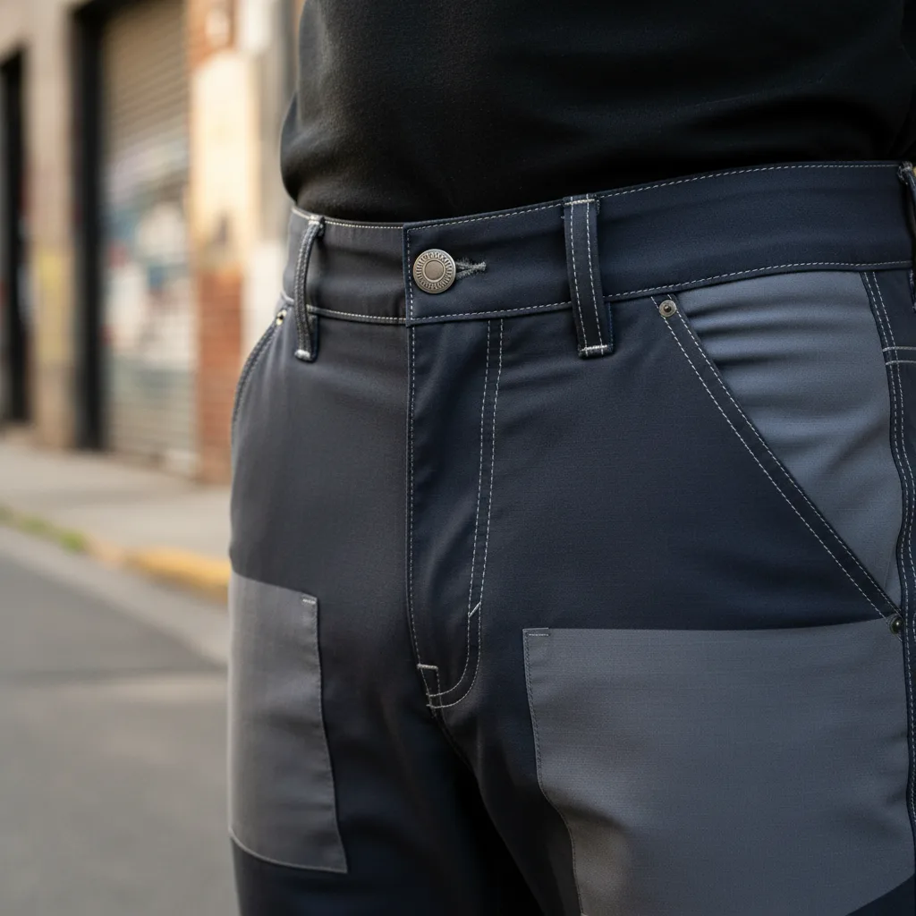 Close-up of belt-loop waistband with button fly on Stone colorway Bowcho climbing pants