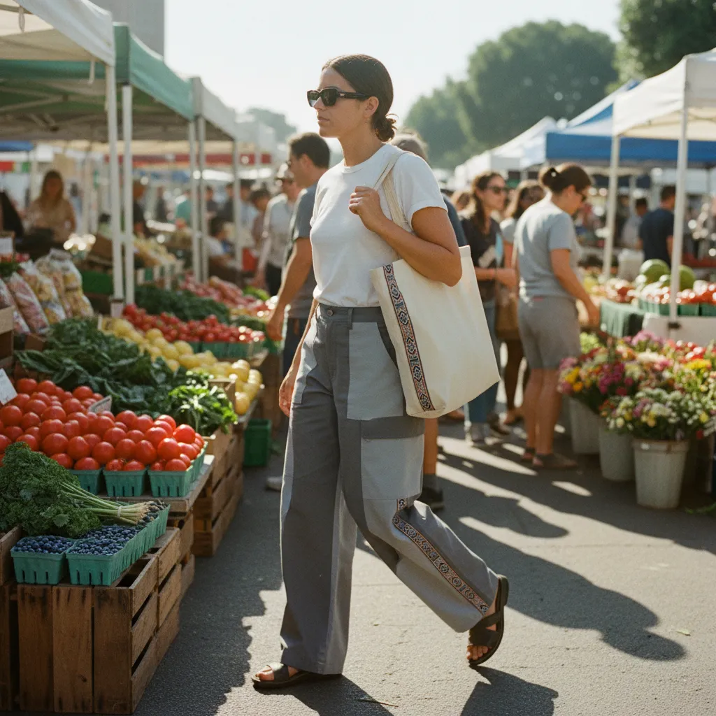 Person at afternoon farmers market in Stone colorway Bowcho pants