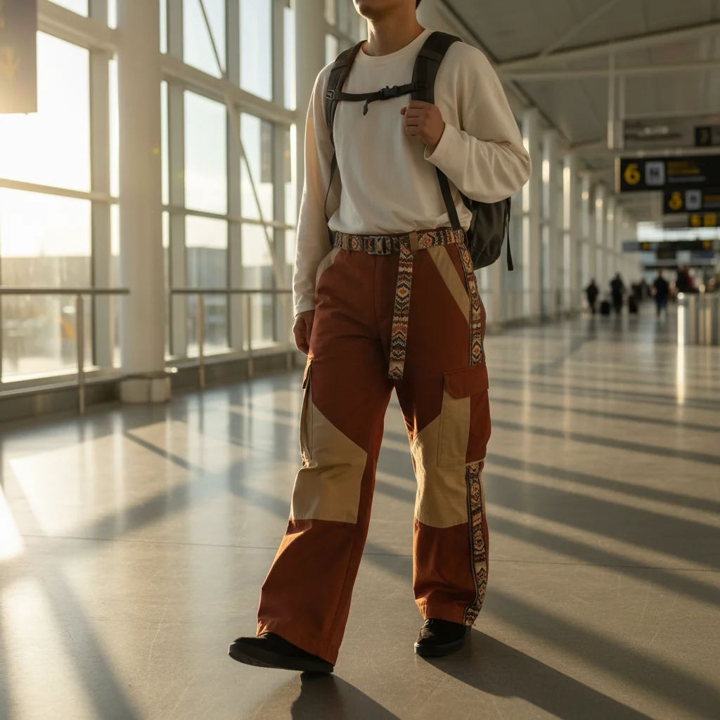 Person walking through airport terminal in Clay colorway Bowcho pants