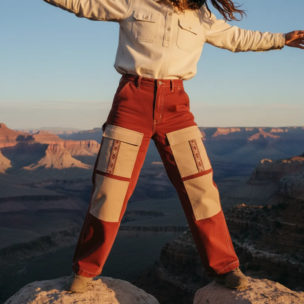 Person on desert overlook at sunset in Clay colorway Bowcho pants
