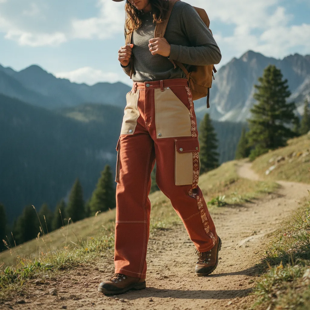 Person hiking mountain trail in Clay colorway Bowcho pants