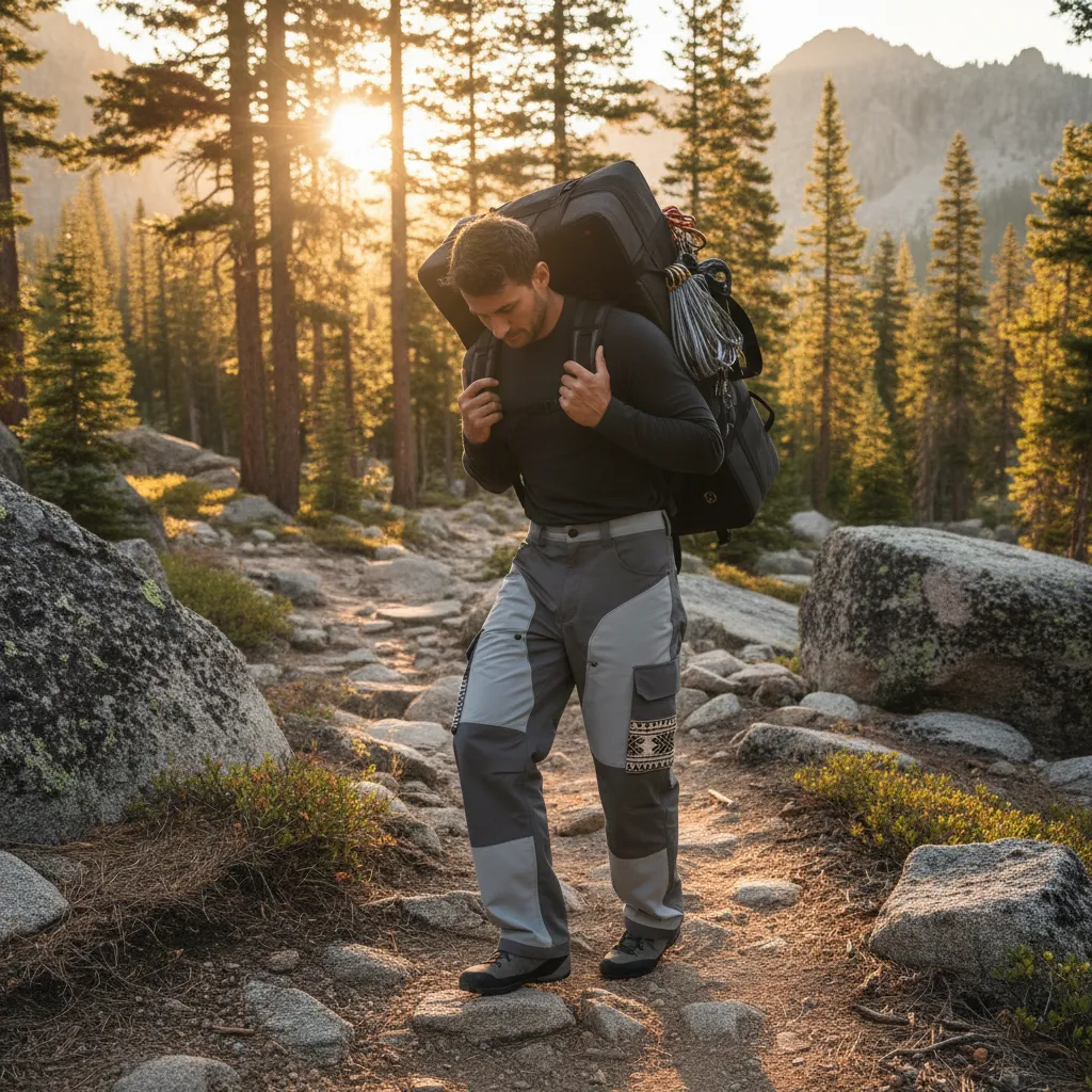 Climber hiking approach trail with crash pad in Stone colorway Bowcho pants