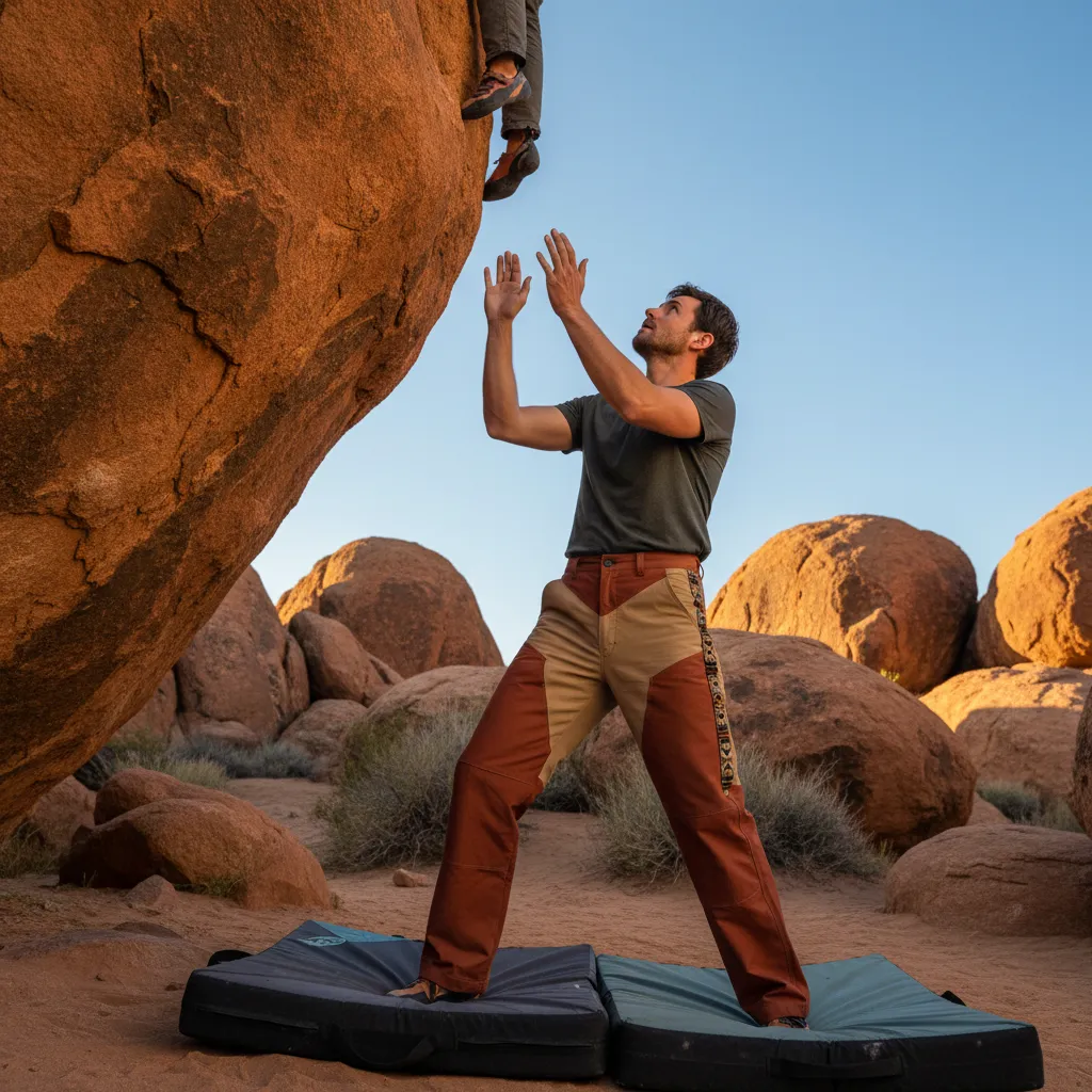 Climber spotting at outdoor boulder in Clay colorway Bowcho pants
