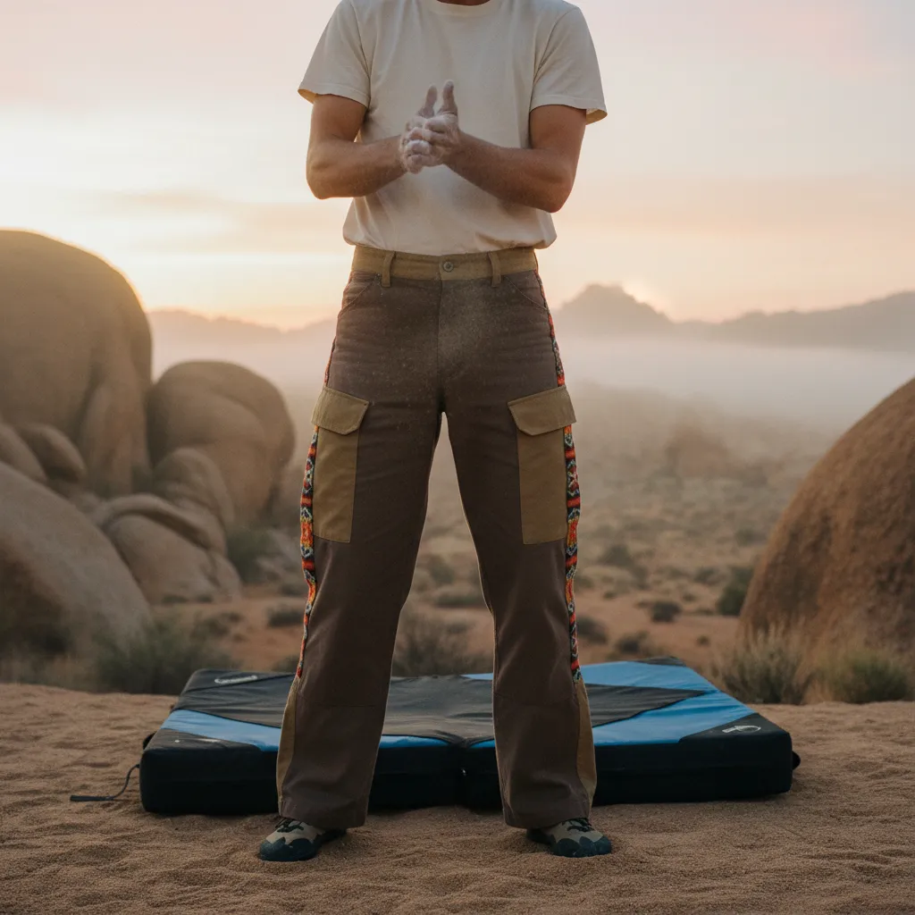 Climber chalking up at dawn in Earth colorway Bowcho pants