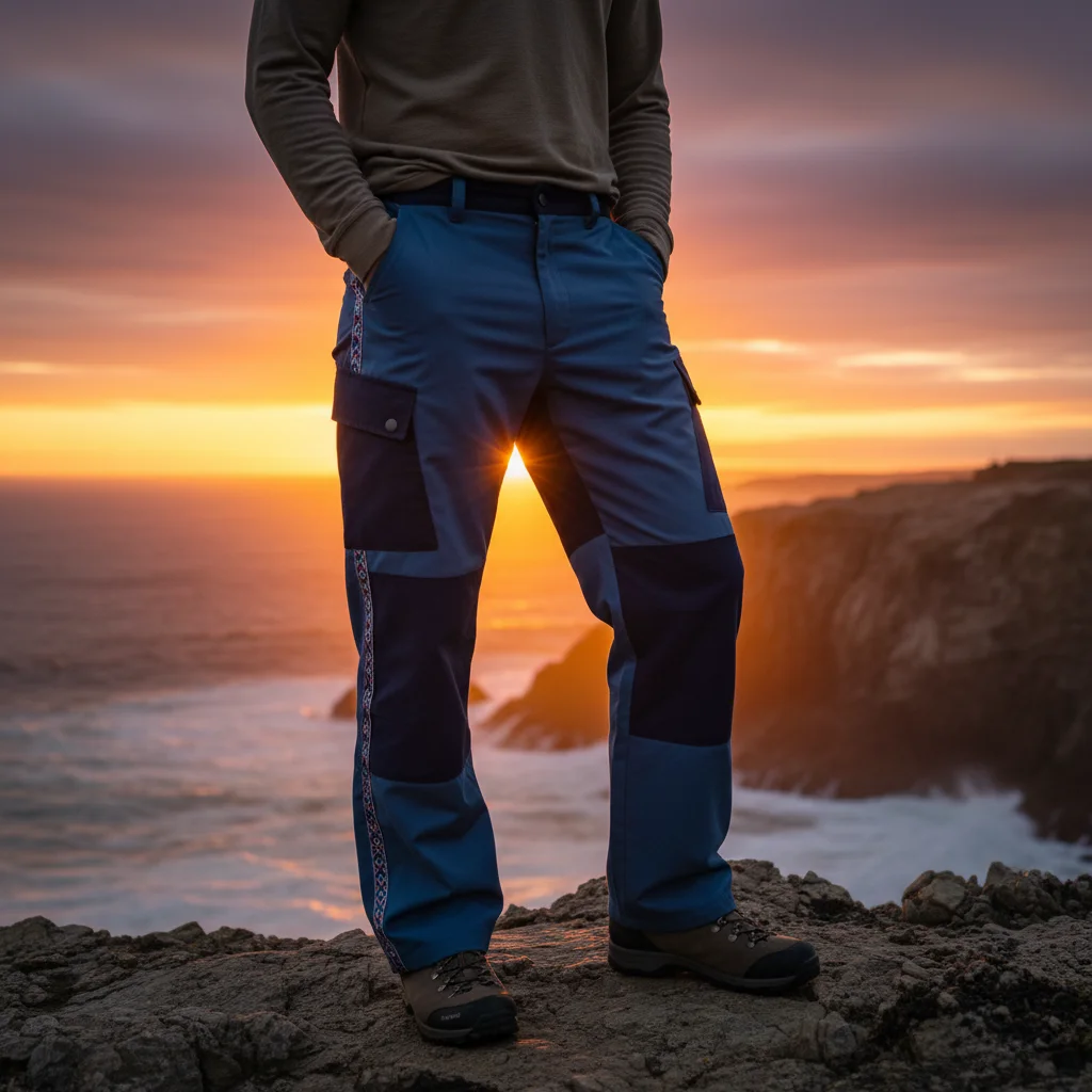 Person on rocky coastal cliff at sunset in Dusk colorway Bowcho pants