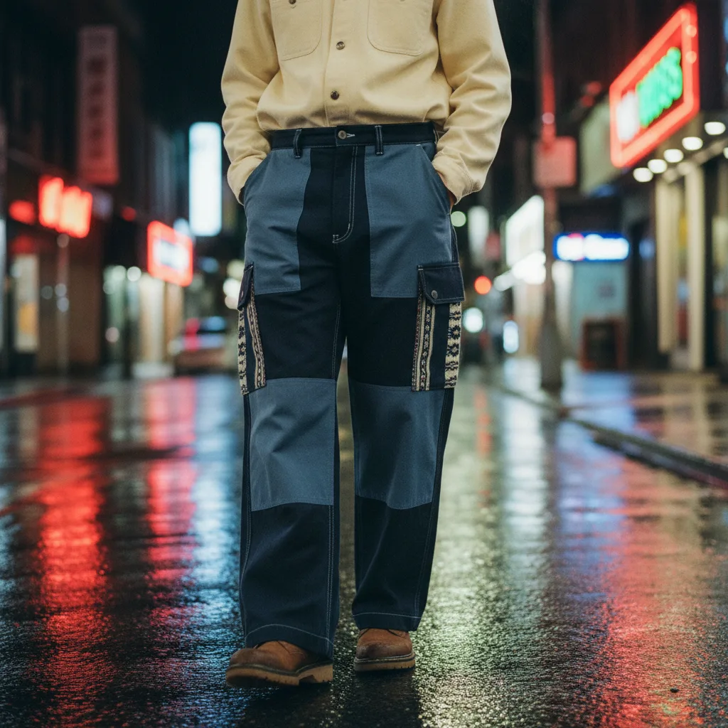Person walking city streets at night in Dusk colorway Bowcho pants