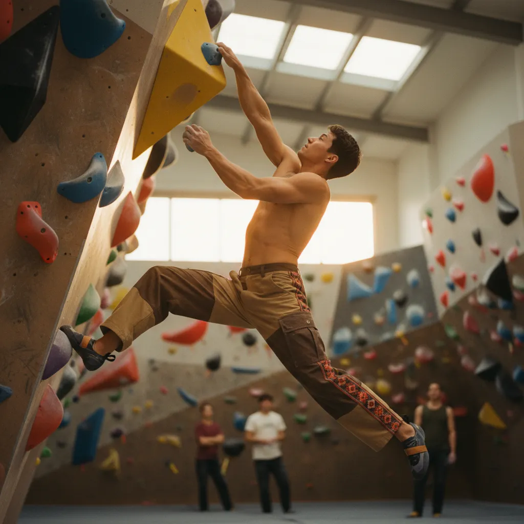 Climber bouldering at gym in Earth colorway Bowcho pants
