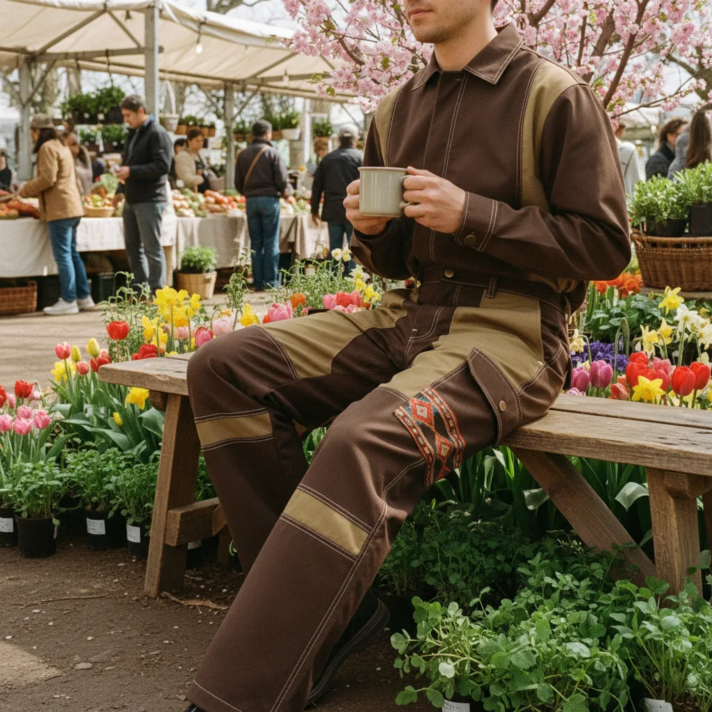 Person at spring farmers market in Earth colorway Bowcho pants