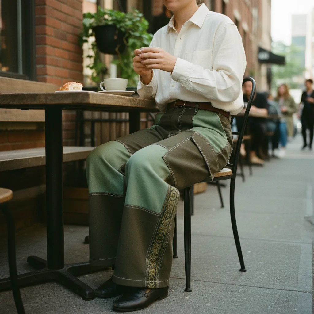 Person at outdoor cafe in Forest colorway Bowcho pants