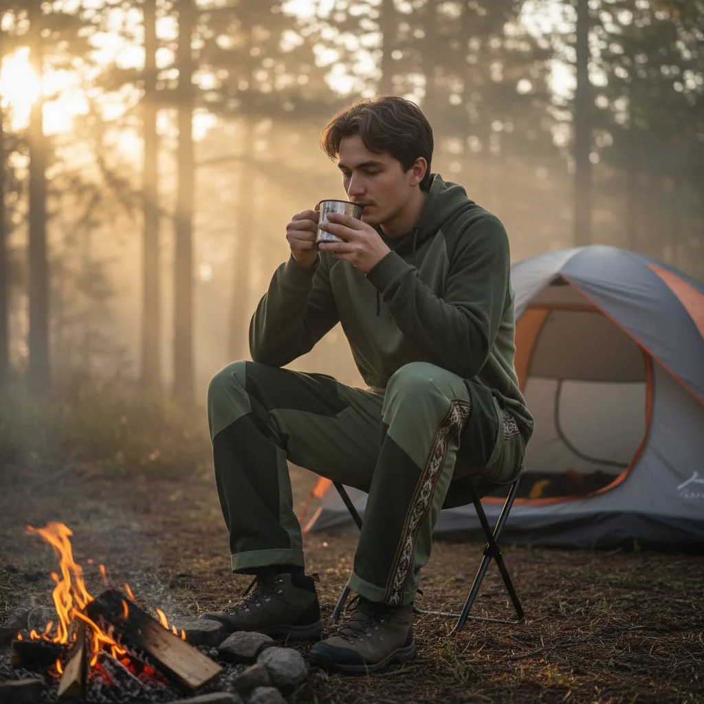 Person sitting by campfire at dawn in Forest colorway Bowcho pants