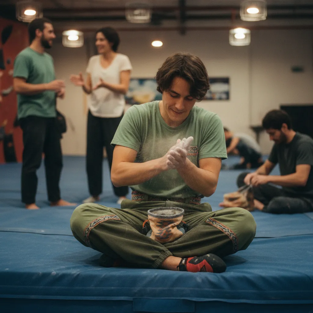 Climber resting at gym in Forest colorway Bowcho pants