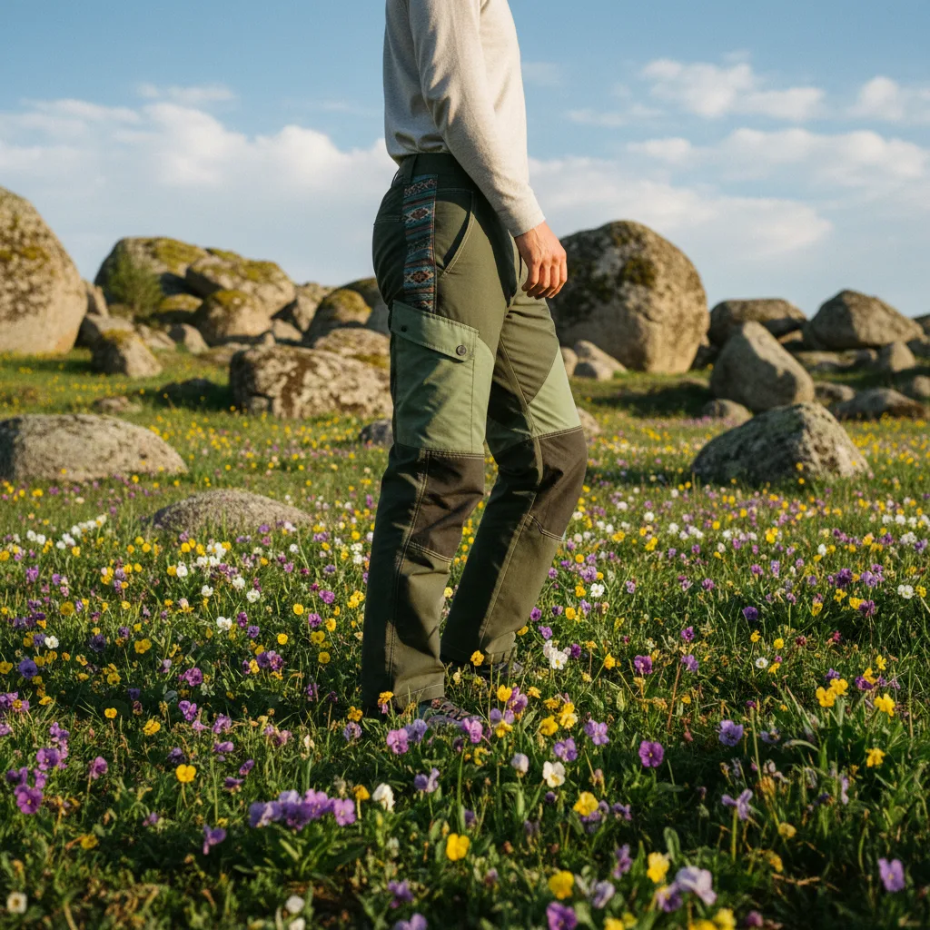 Climber on spring hillside with boulders in Forest colorway Bowcho pants
