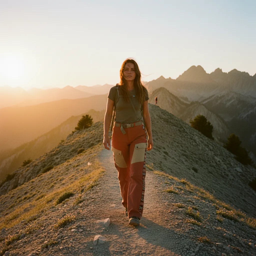 Person hiking ridge trail at golden hour in Clay colorway Bowcho pants