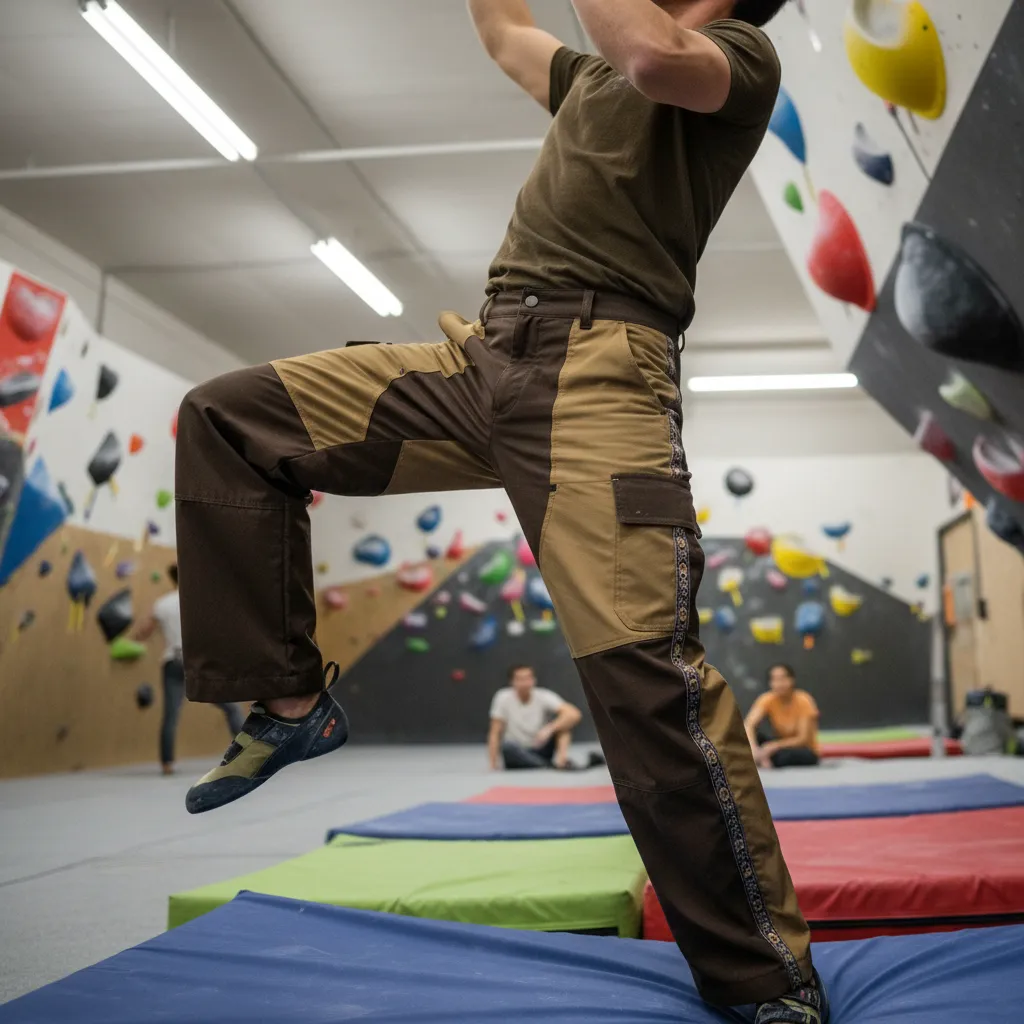 Climber bouldering at indoor gym in Earth colorway Bowcho pants