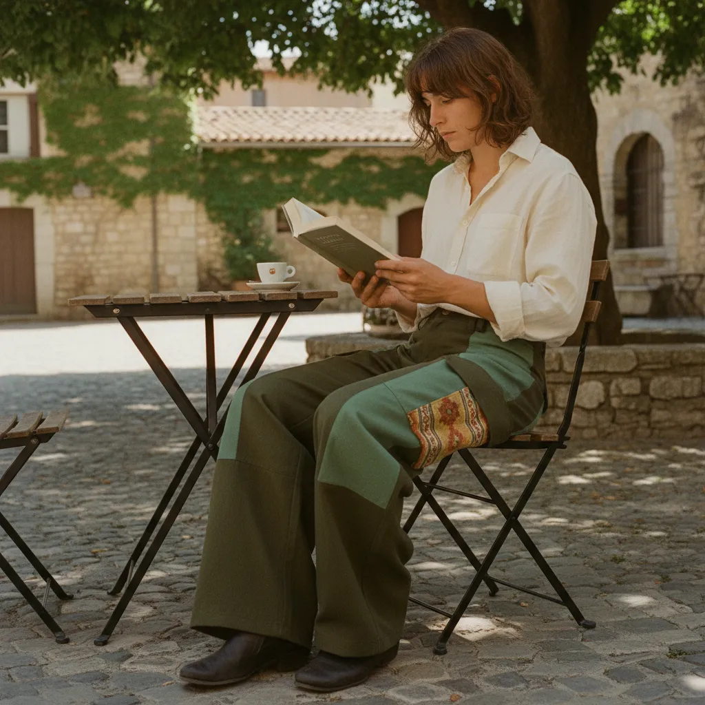 Person at sunlit cafe in Forest colorway Bowcho pants
