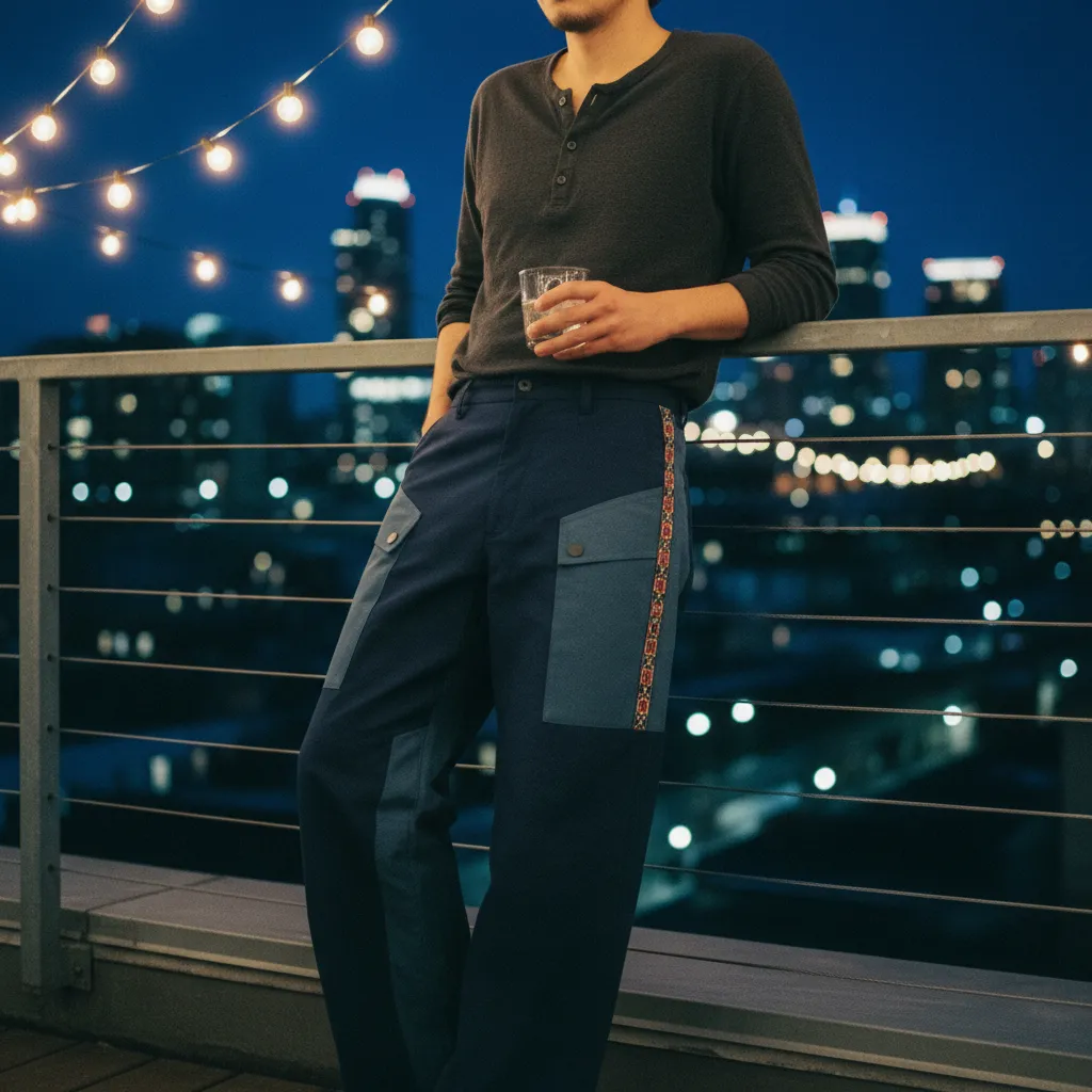 Person on rooftop at night with city skyline in Dusk colorway Bowcho pants