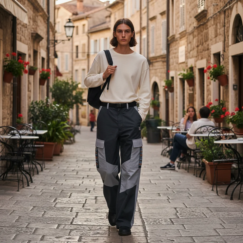 Person walking cobblestone streets in Stone colorway Bowcho pants