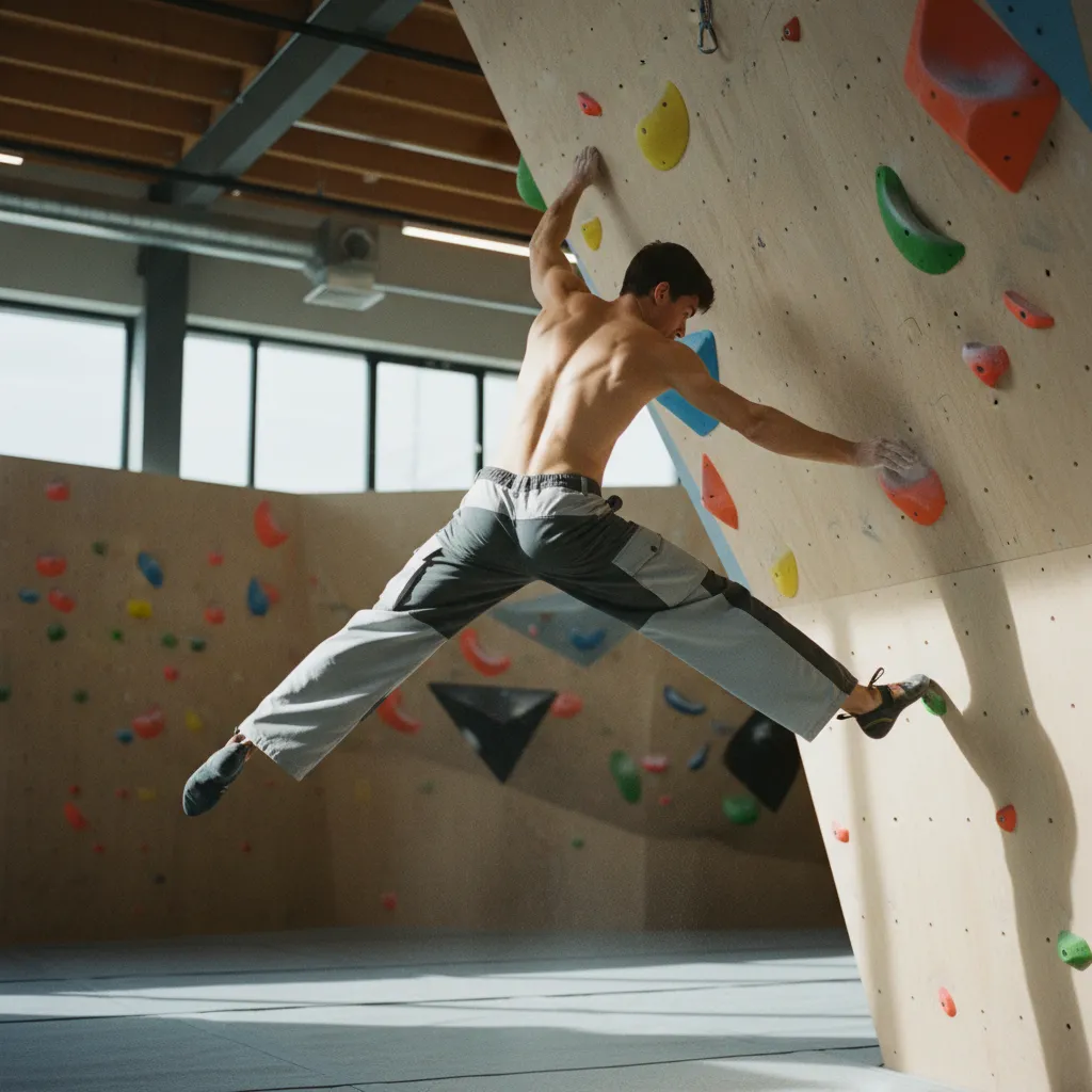 Climber mid-dyno in Stone colorway Bowcho pants