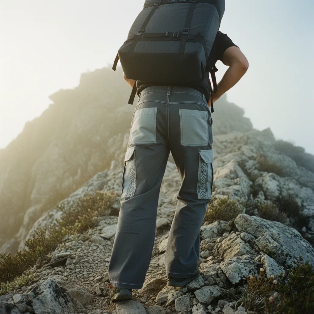 Climber approaching crag in Stone colorway Bowcho pants with crash pad